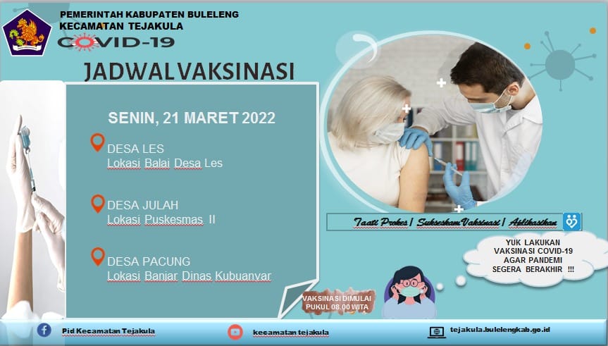 Berikut Jadwal Vaksinasi Wilayah Kecamatan Tejakula 21 Maret 2022