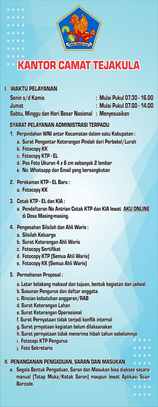 WAKTU PELAYANAN DAN SYARAT PELAYANAN KANTOR CAMAT TEJAKULA